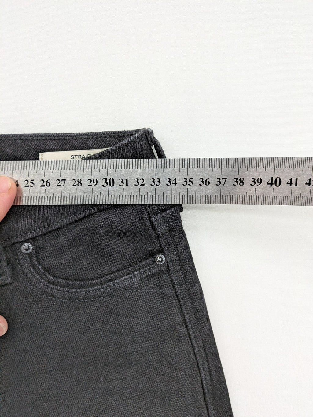 Esprit grey straight jeans with medium rise and original tags, classic denim style.