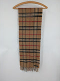 Karo unisex scarf camel brown tartan pattern 100% cashmere with black, white, and red accents.