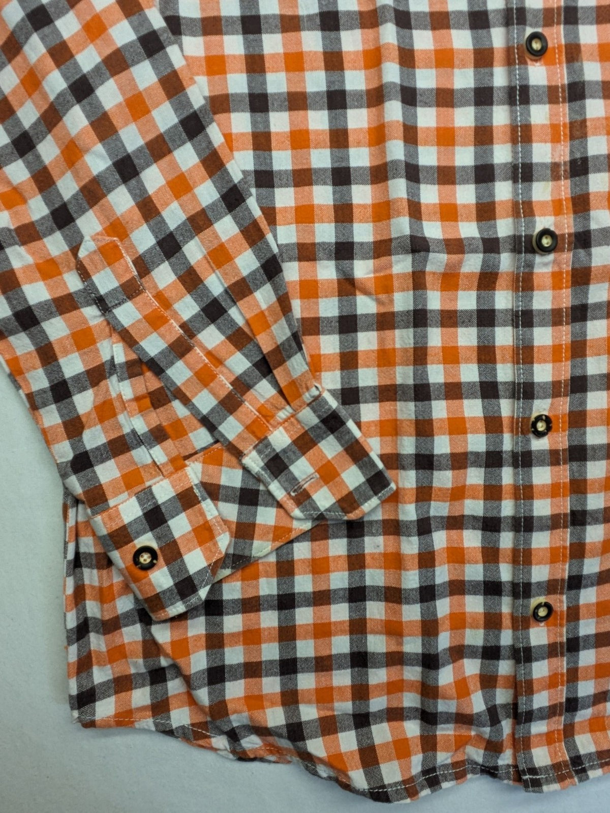 Country Life orange checkered shirt, 100% cotton, single chest pocket, button-down style.