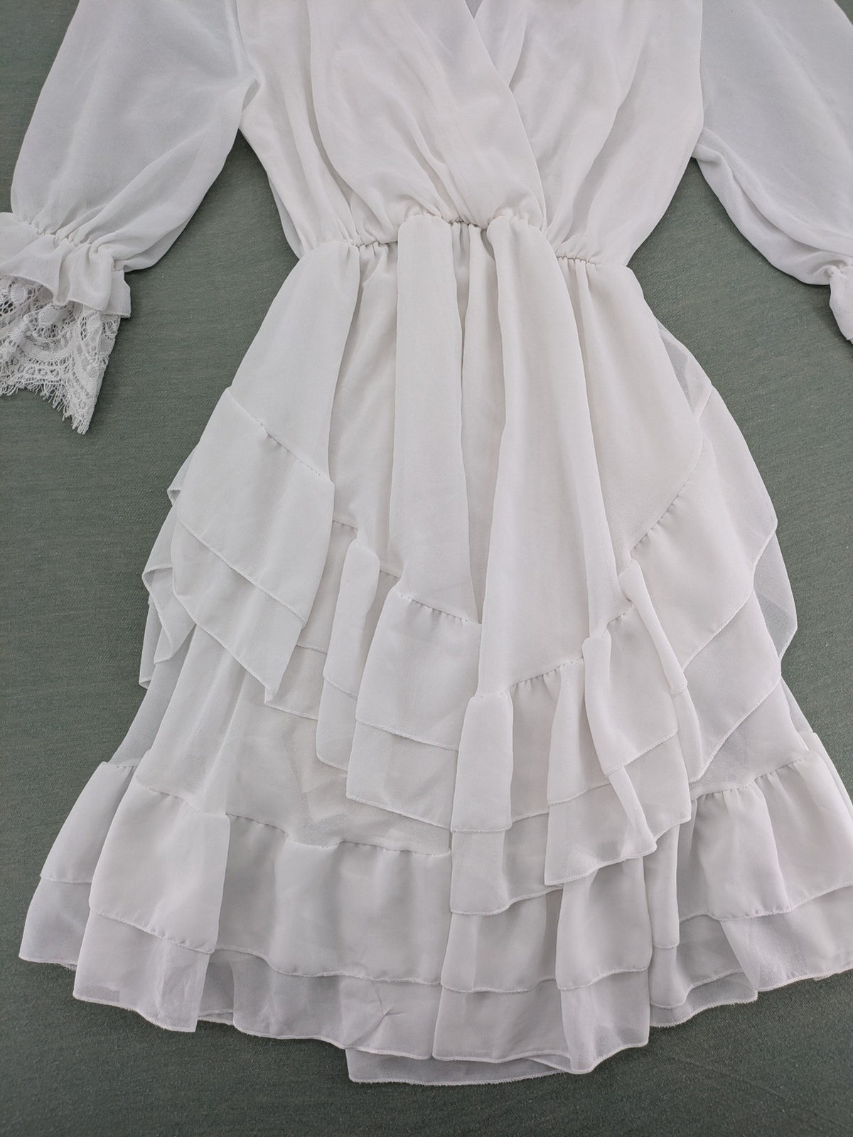 Amalfi white bridal party dress V-neck layered ruffles with lace trim sleeves