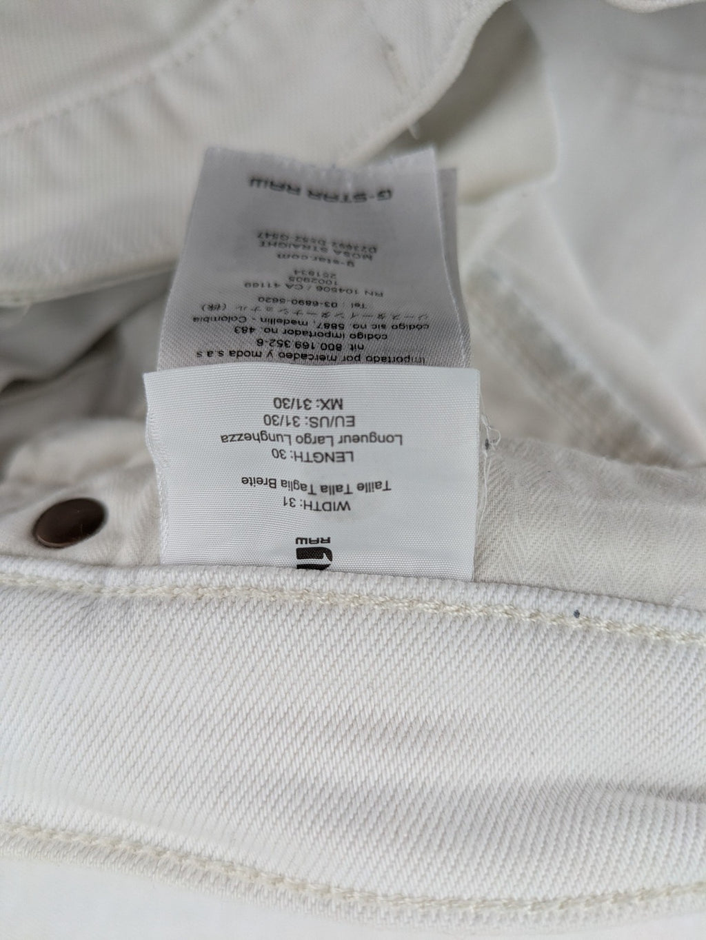 G-Star Raw white straight jeans with logo patch and stretch denim material.