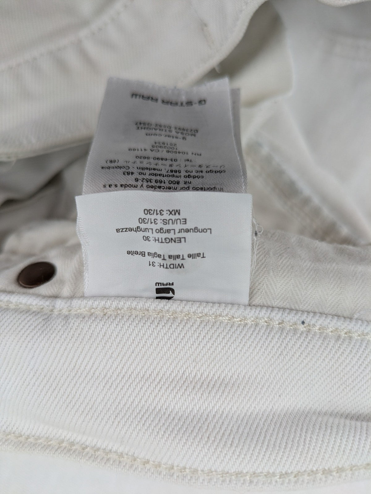 G-Star Raw white straight jeans with logo patch and stretch denim material.