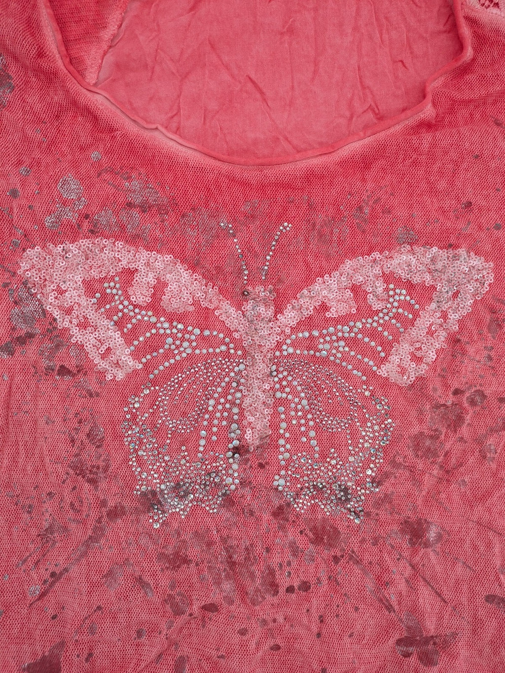 TREDY pink top with butterfly graphic, embellished with rhinestones and lace accents.