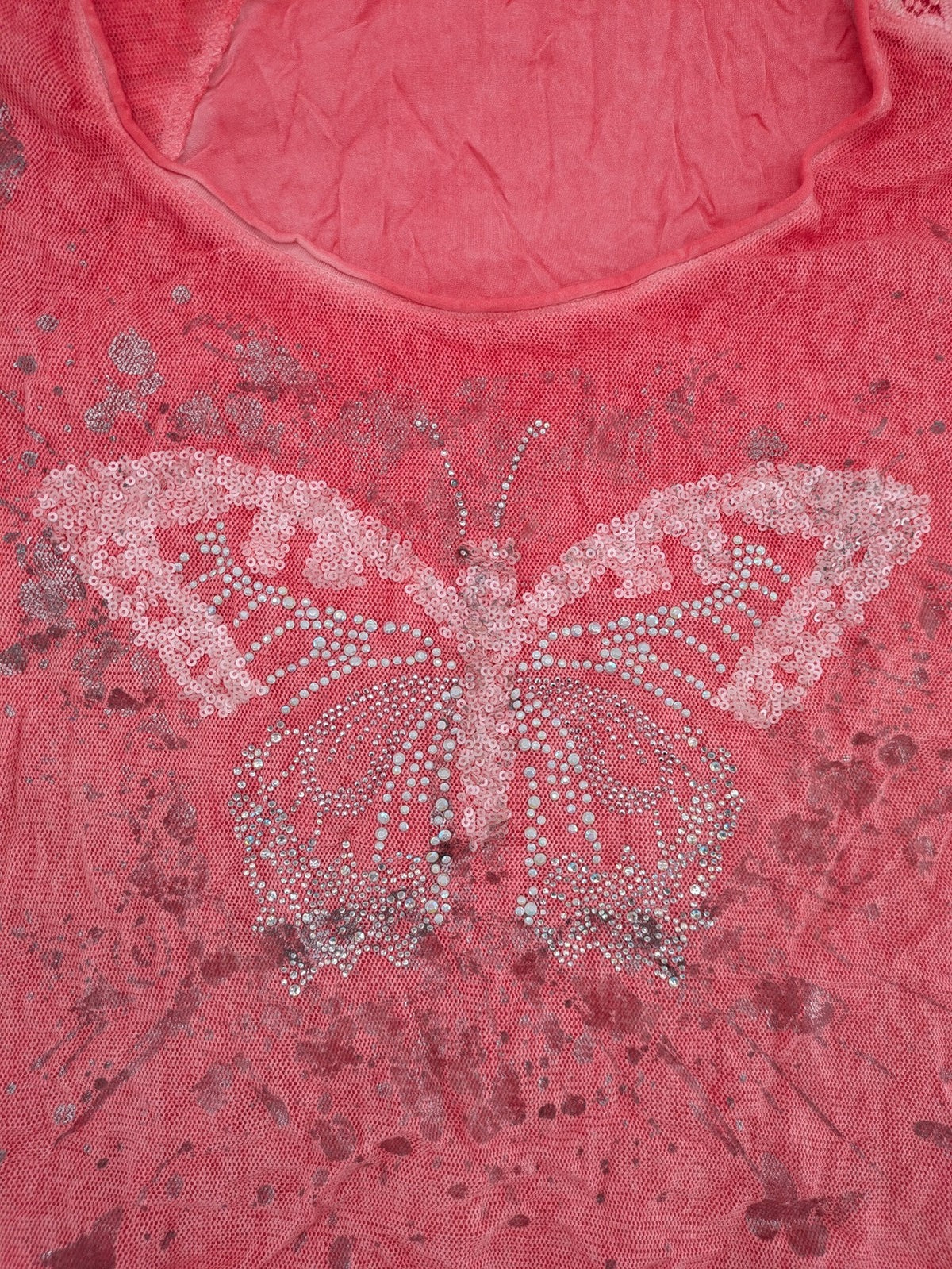 TREDY pink top with butterfly graphic, embellished with rhinestones and lace accents.