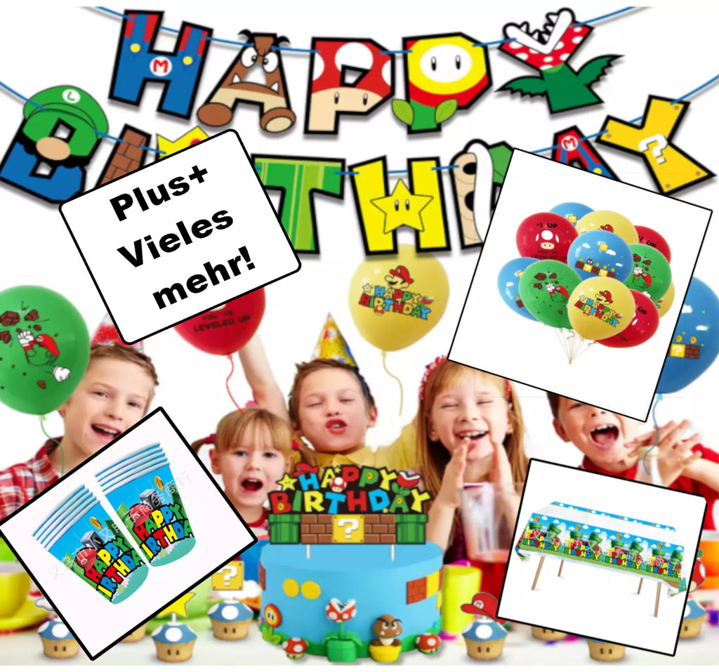 XXL yellow Super Mario party supply kit with themed tablecloth, cups, and birthday banner.