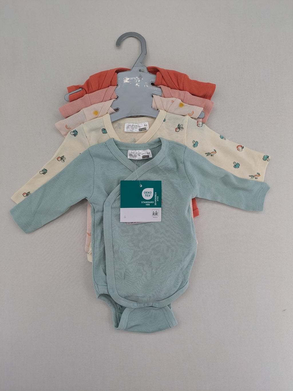 Ergee baby bodysuits set blue cream orange various cute patterns and wrap design.