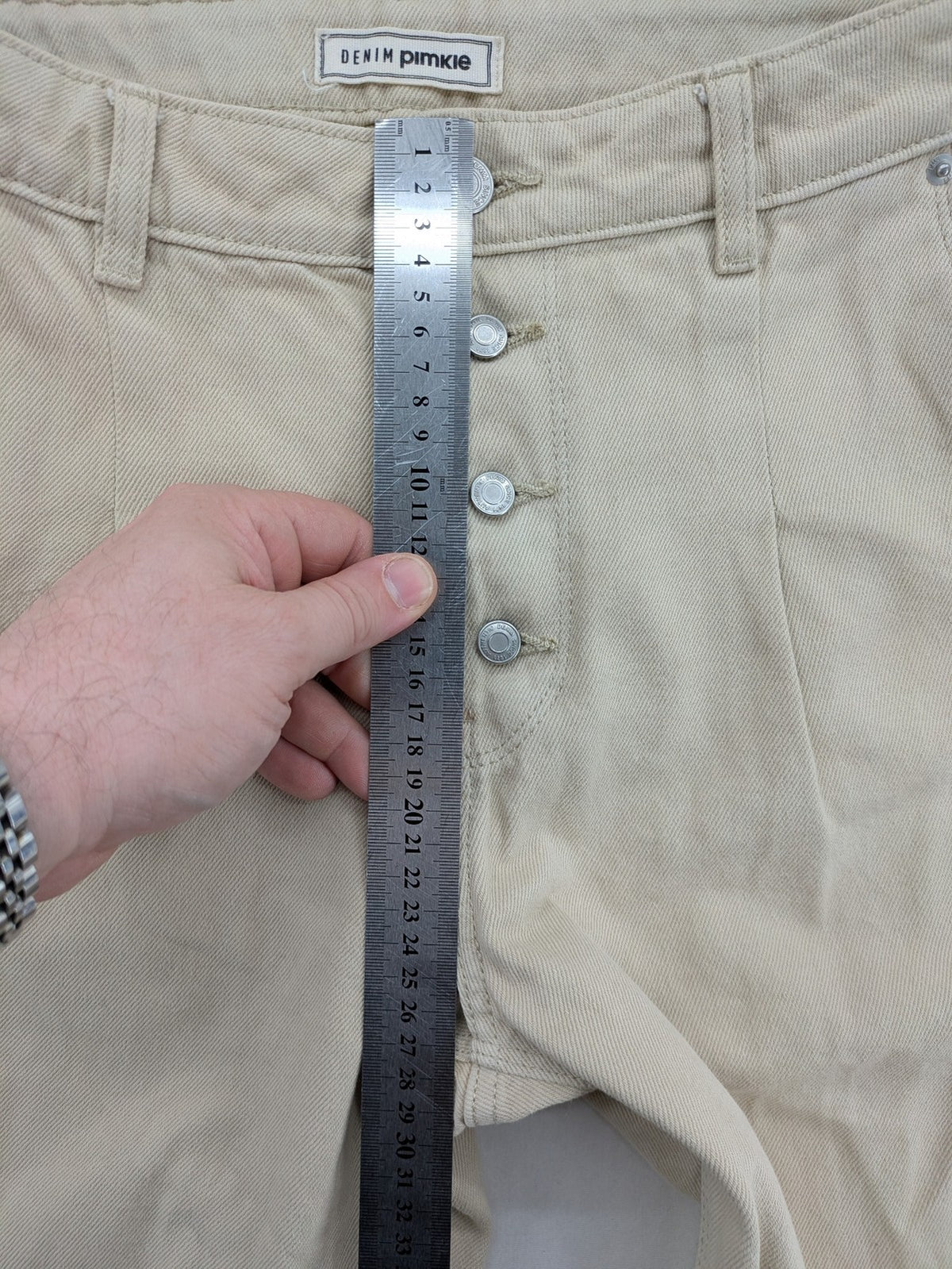 Pimkie beige mom jeans high waist tapered fit with front button placket and cotton material.