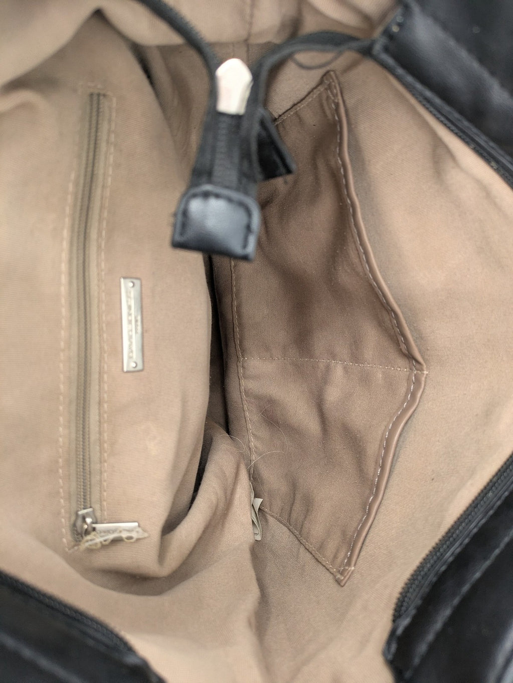 David Jones black hobo handbag pebbled PU leather with silver hardware and zipper closure.