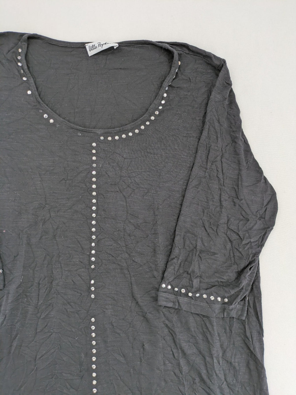 Ulla Popken grey tunic top with silver stud embellishments and 3/4 sleeves.