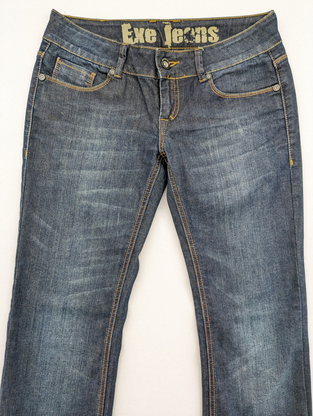 Exe blue straight jeans slim fit bootcut stretch denim with classic 5-pocket styling.