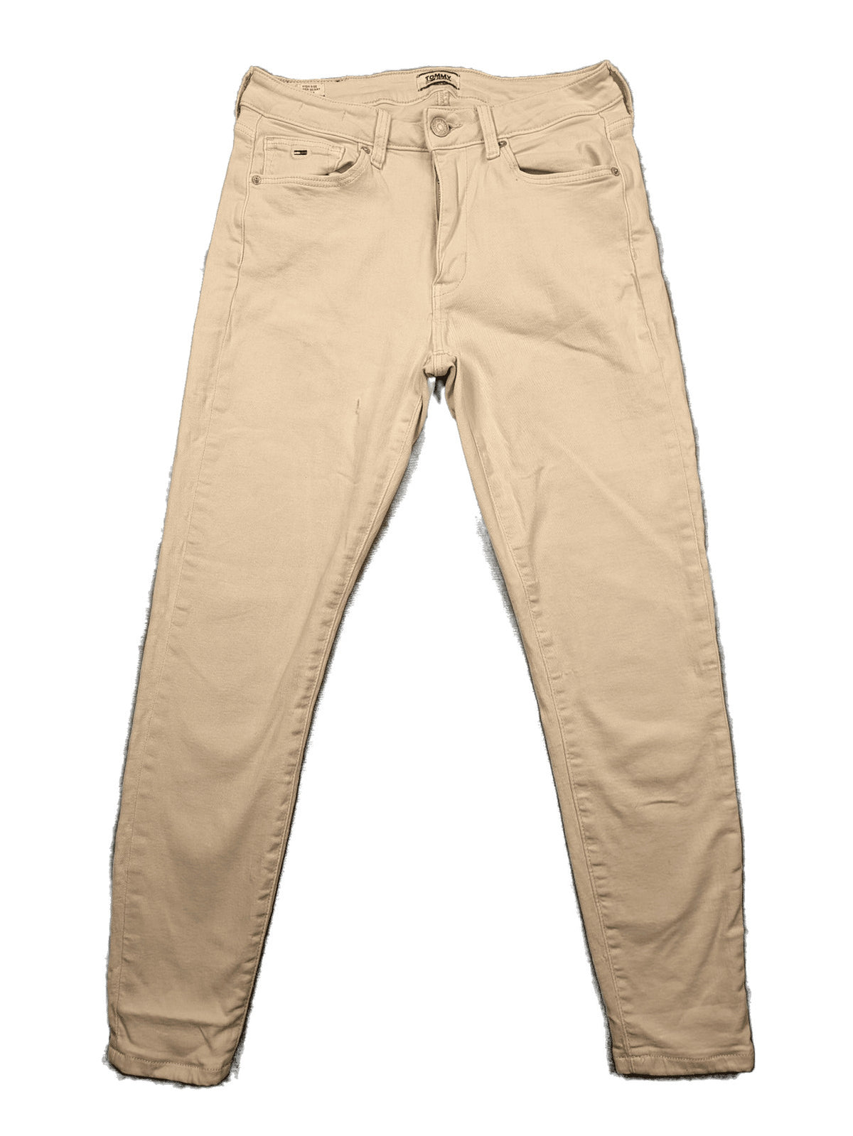 Tommy Jeans beige high rise skinny ankle jeans with logo patch and stretch fabric.