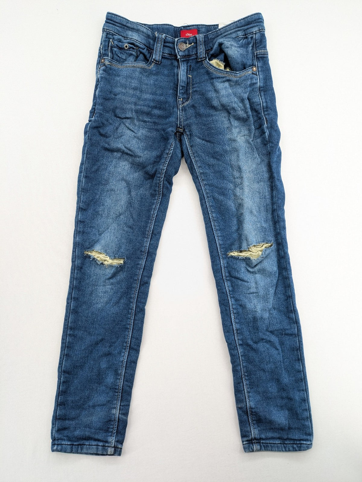 s.Oliver blue straight jeans slim fit with ripped knee details and 5-pocket style