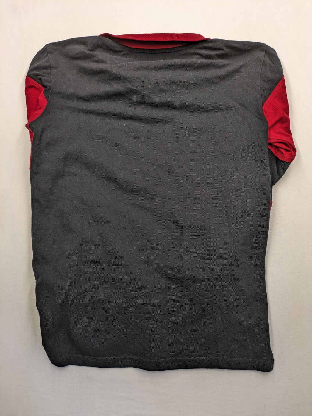 Huge Fashion Exchange rugby polo shirt red and black striped with "SUPERB" graphic.