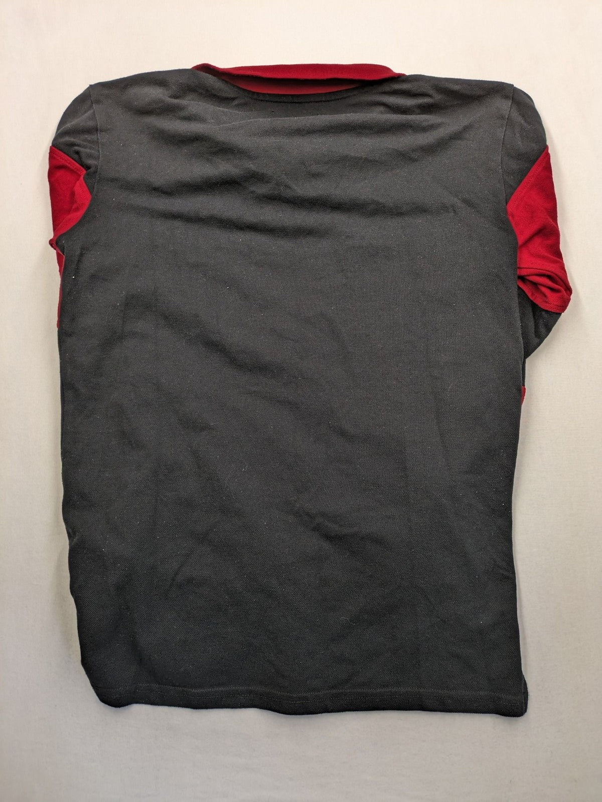 Huge Fashion Exchange rugby polo shirt red and black striped with "SUPERB" graphic.