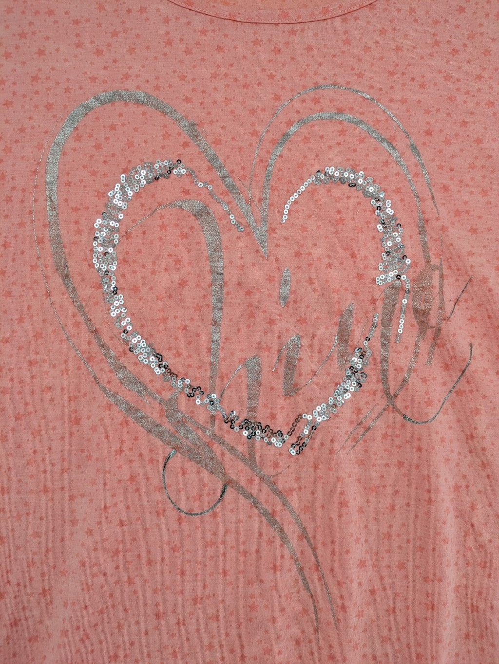 M&S Mode pink top with silver sequined heart graphic and star pattern, 3XL.