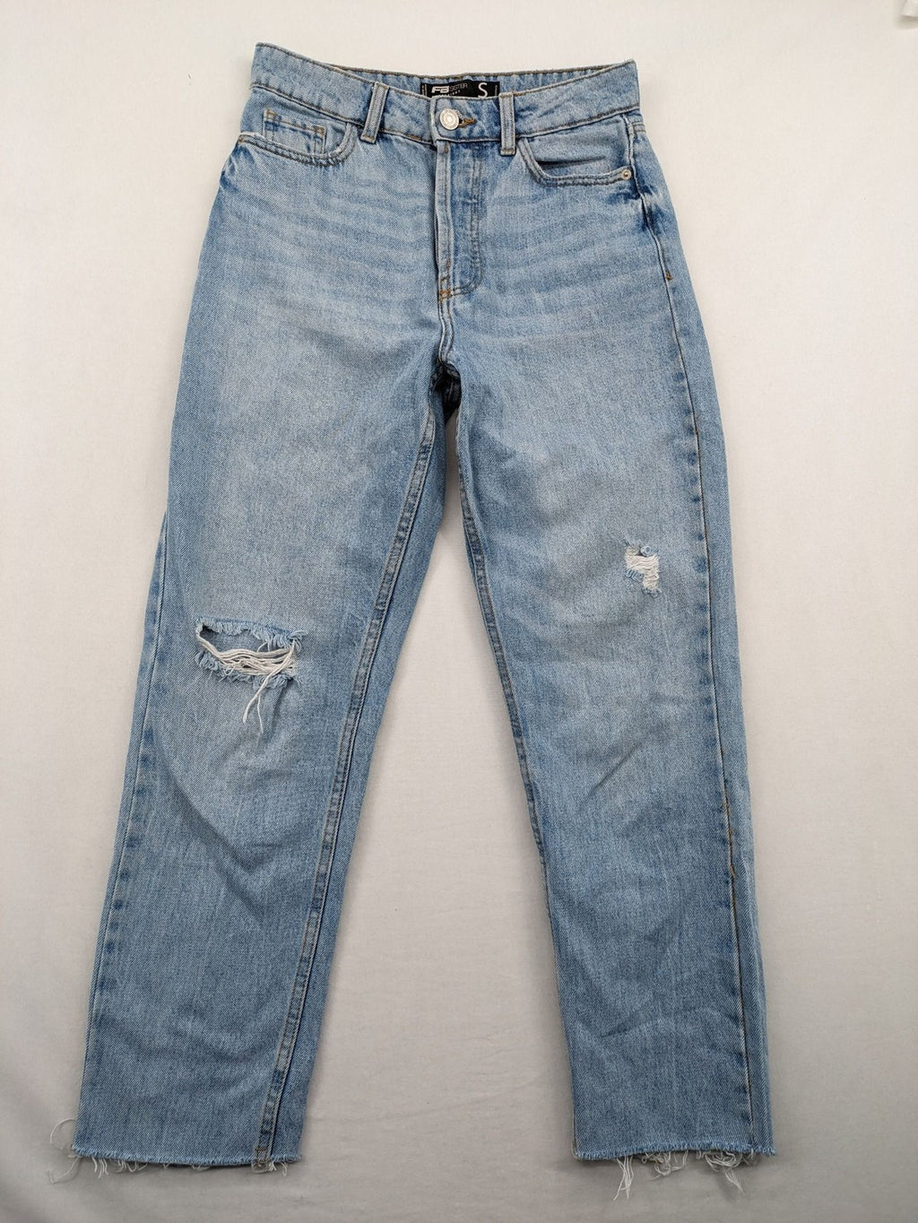 FB Sister blue straight leg jeans high rise with distressed detailing and button fly.