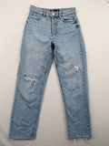 FB Sister blue straight leg jeans high rise with distressed detailing and button fly.