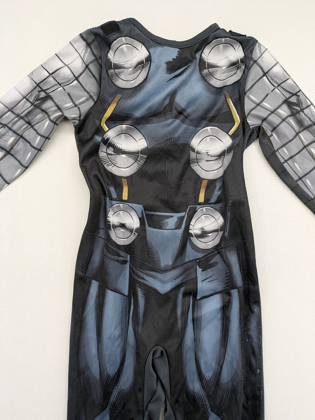 Marvel Avengers boys' costume black blue grey jumpsuit with Thor design and logo.