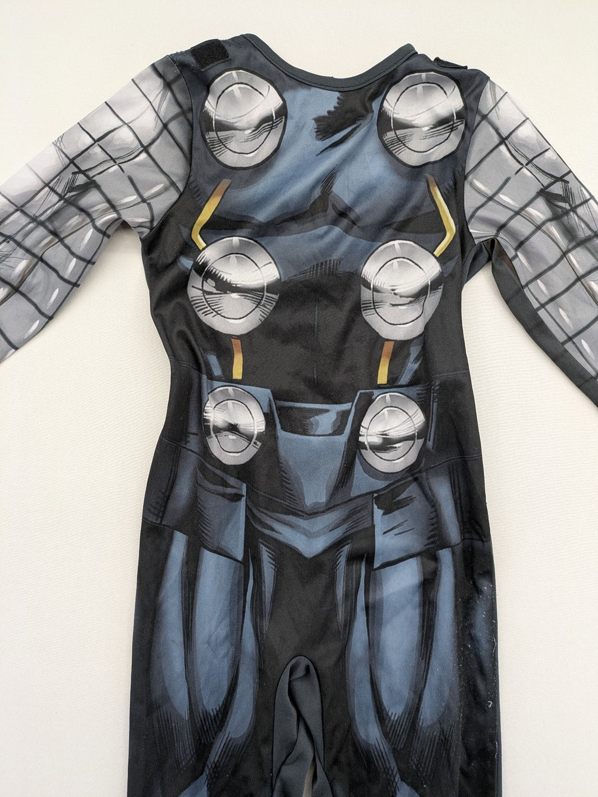 Marvel Avengers boys' costume black blue grey jumpsuit with Thor design and logo.