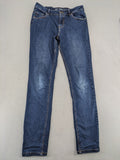 Denim & Co. blue skinny stretch jeans, five-pocket design, dark wash, durable material.