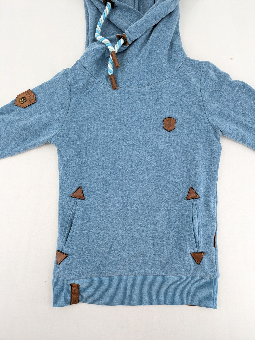 Naketano blue turtle neck jumper with unique collar and artistic leather details