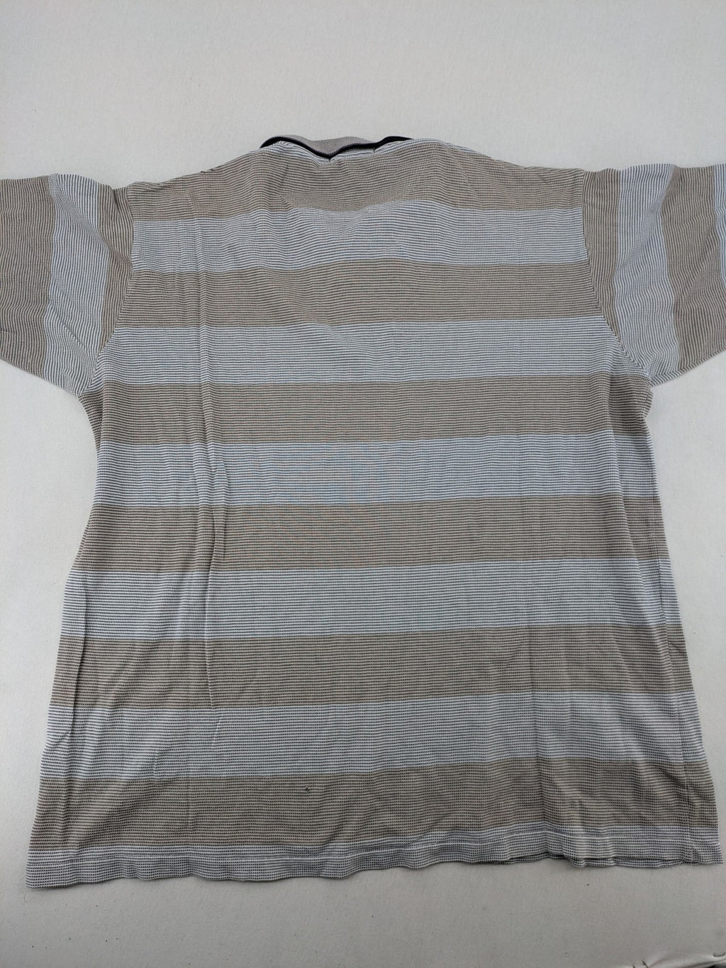 Mark Scot Collection grey and tan striped polo shirt with classic collar and logo.