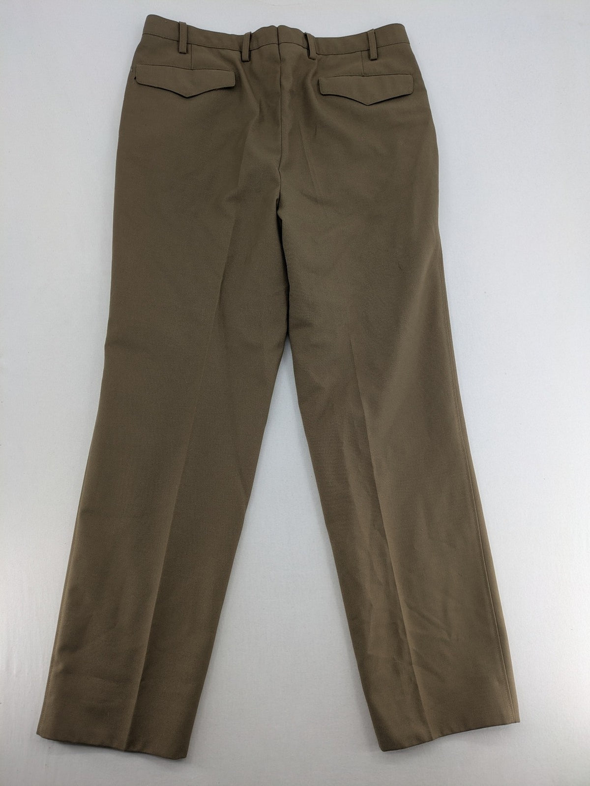 Bundeswehr khaki military uniform trousers with front pleats, zipper, and belt loops.