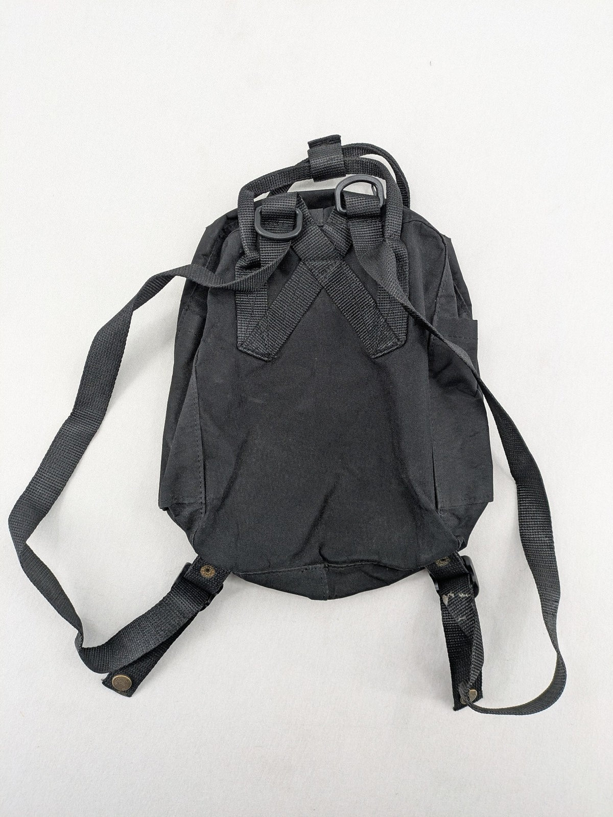 Fjällräven Kånken Mini rucksack black durable fabric with logo and zippered main compartment.