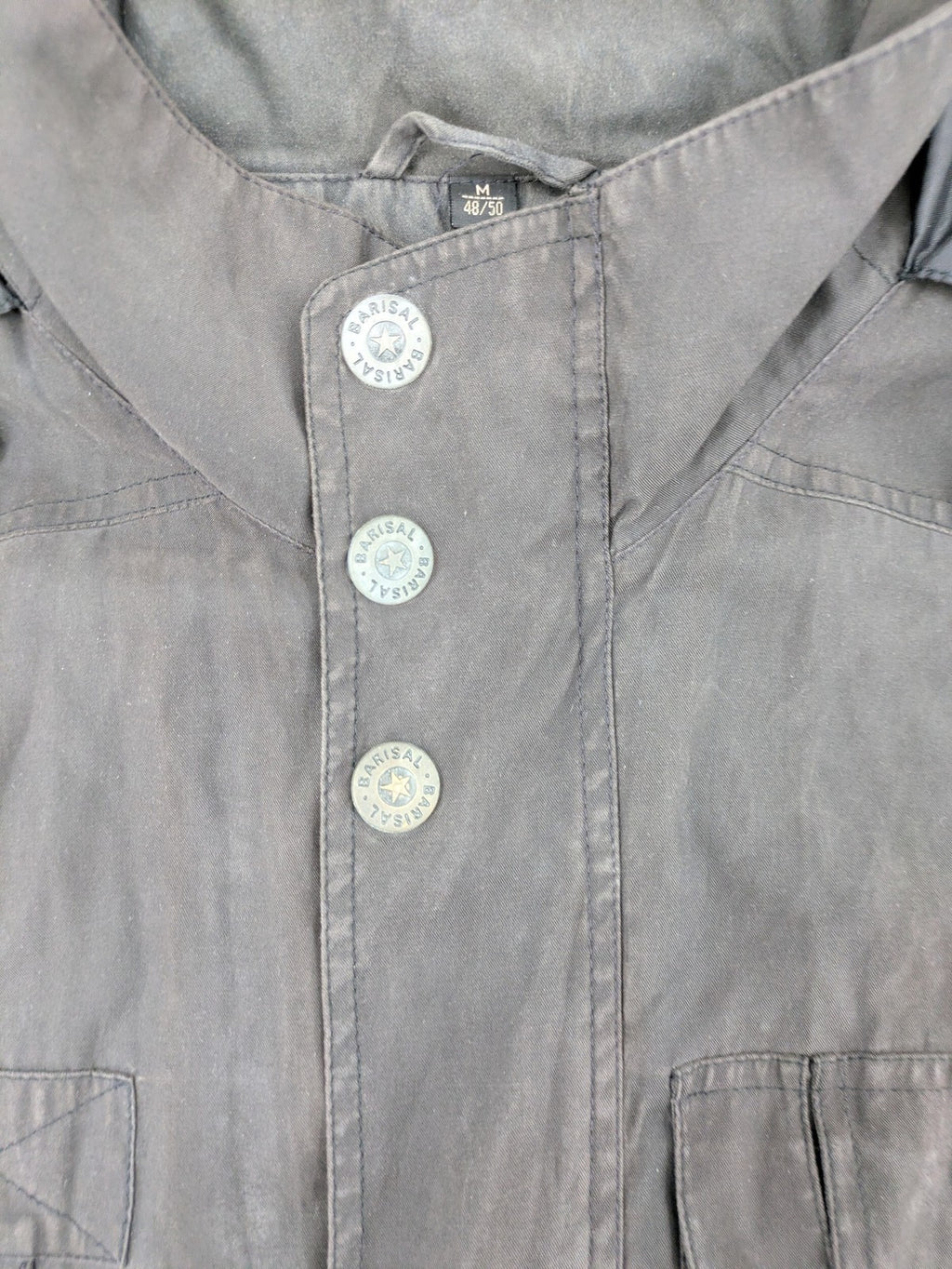 Barisal grey coat with hood, cargo pockets, and checkered lining detail.