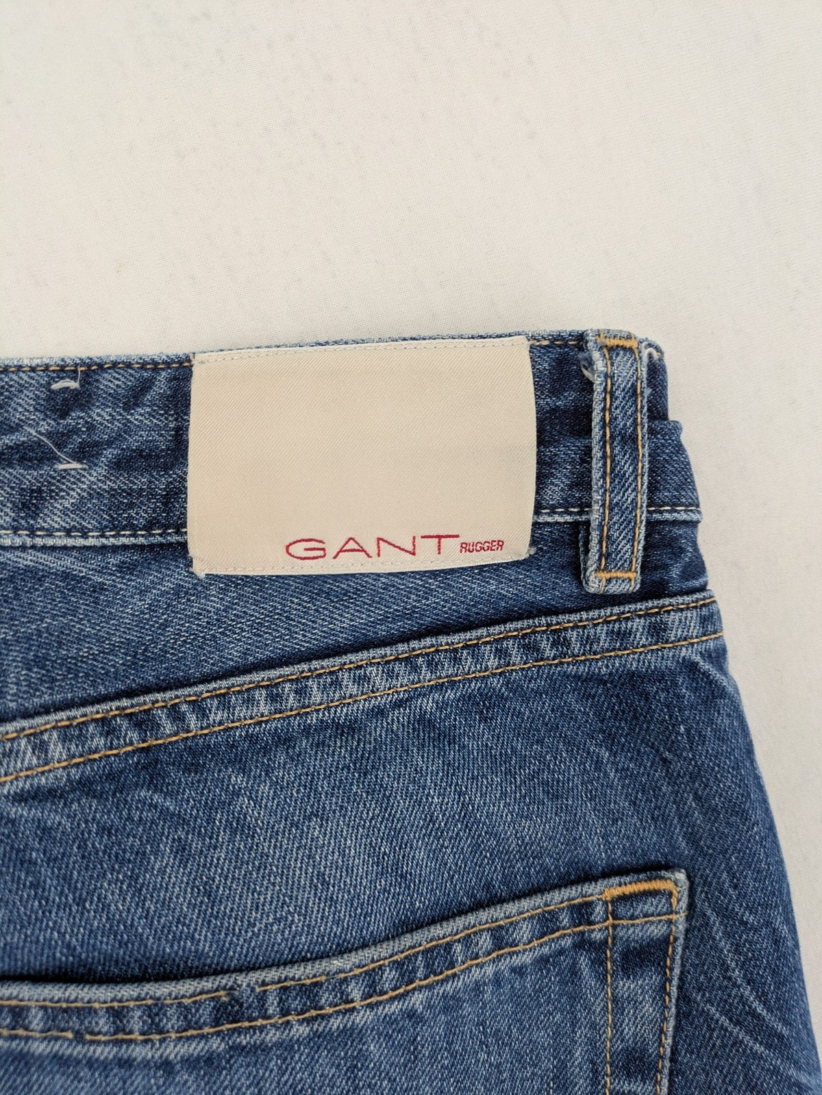 GANT Rugger blue straight leg jeans medium wash, classic button fly, durable cotton denim.