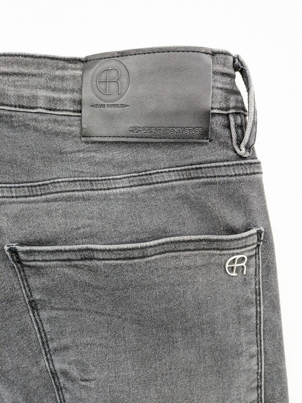 Elias Rumelis grey super slim fit jeans with stitched logo and subtle used look.