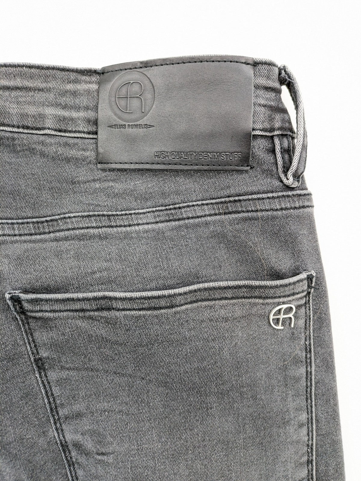 Elias Rumelis grey super slim fit jeans with stitched logo and subtle used look.
