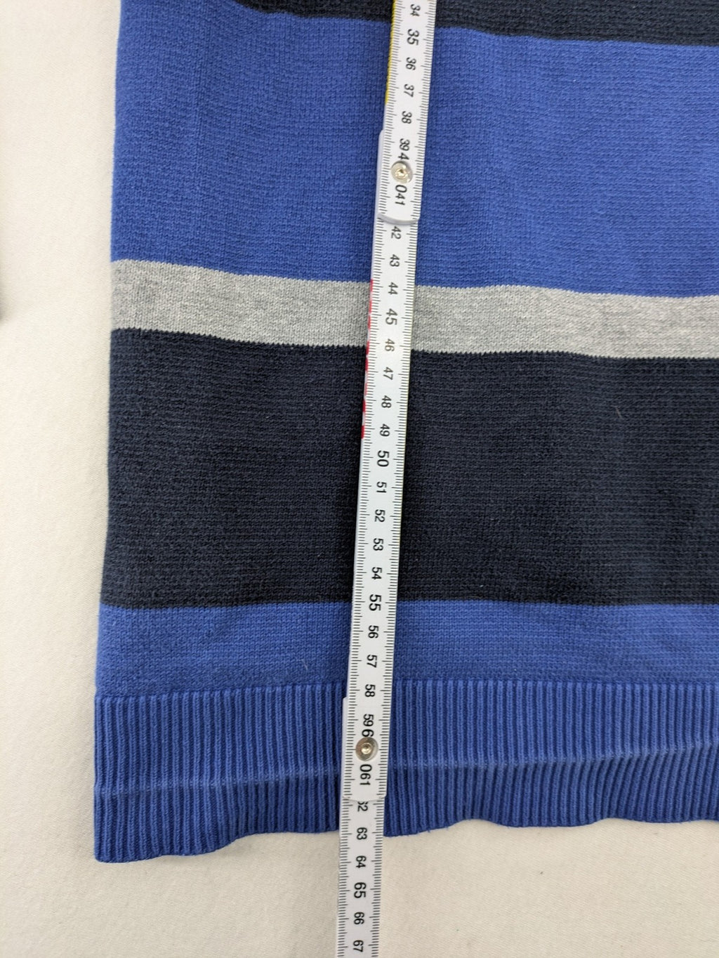 Angelo Litrico navy knit jumper striped pattern in blue, grey, and white, cotton material.