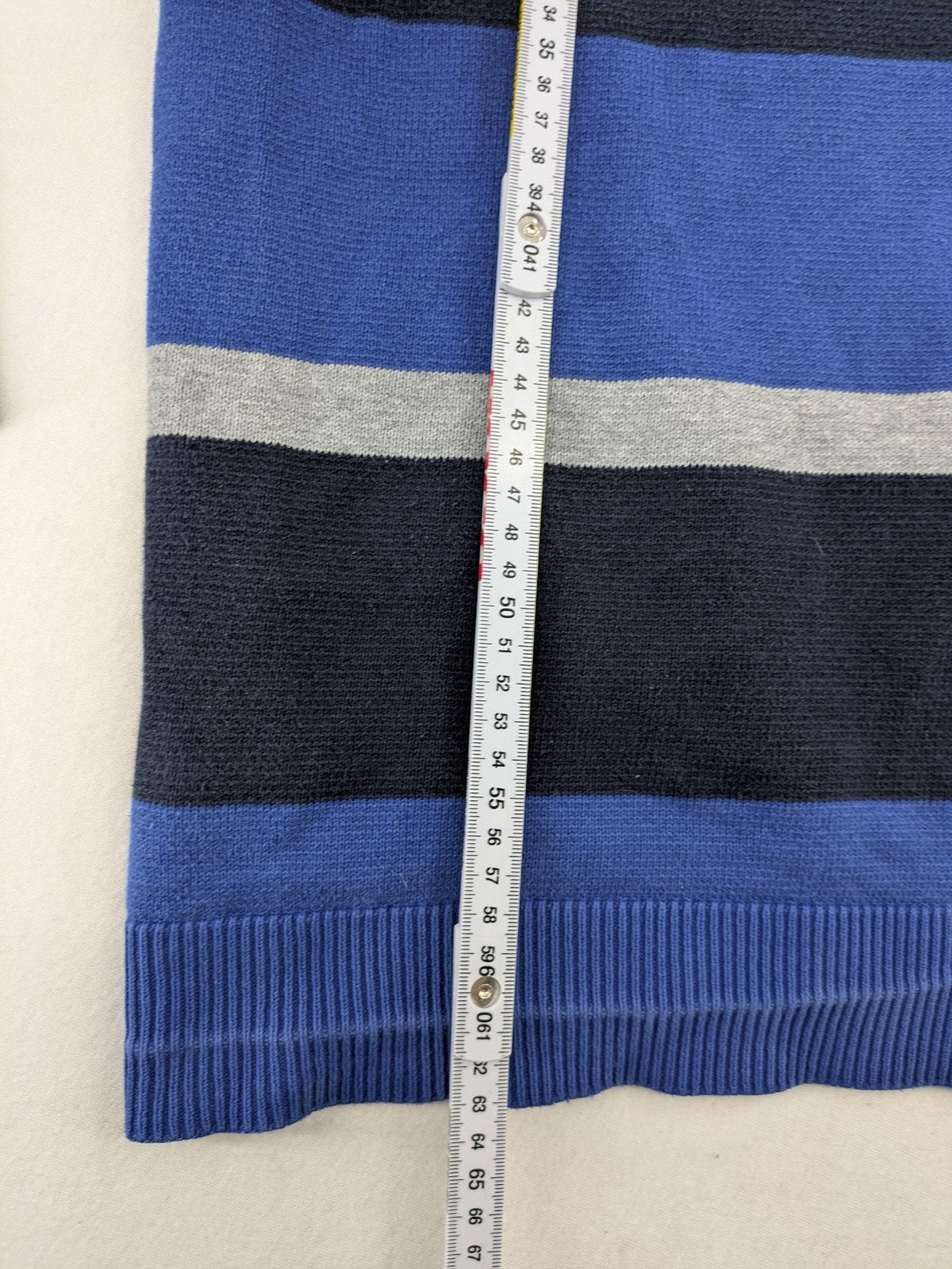 Angelo Litrico navy knit jumper striped pattern in blue, grey, and white, cotton material.
