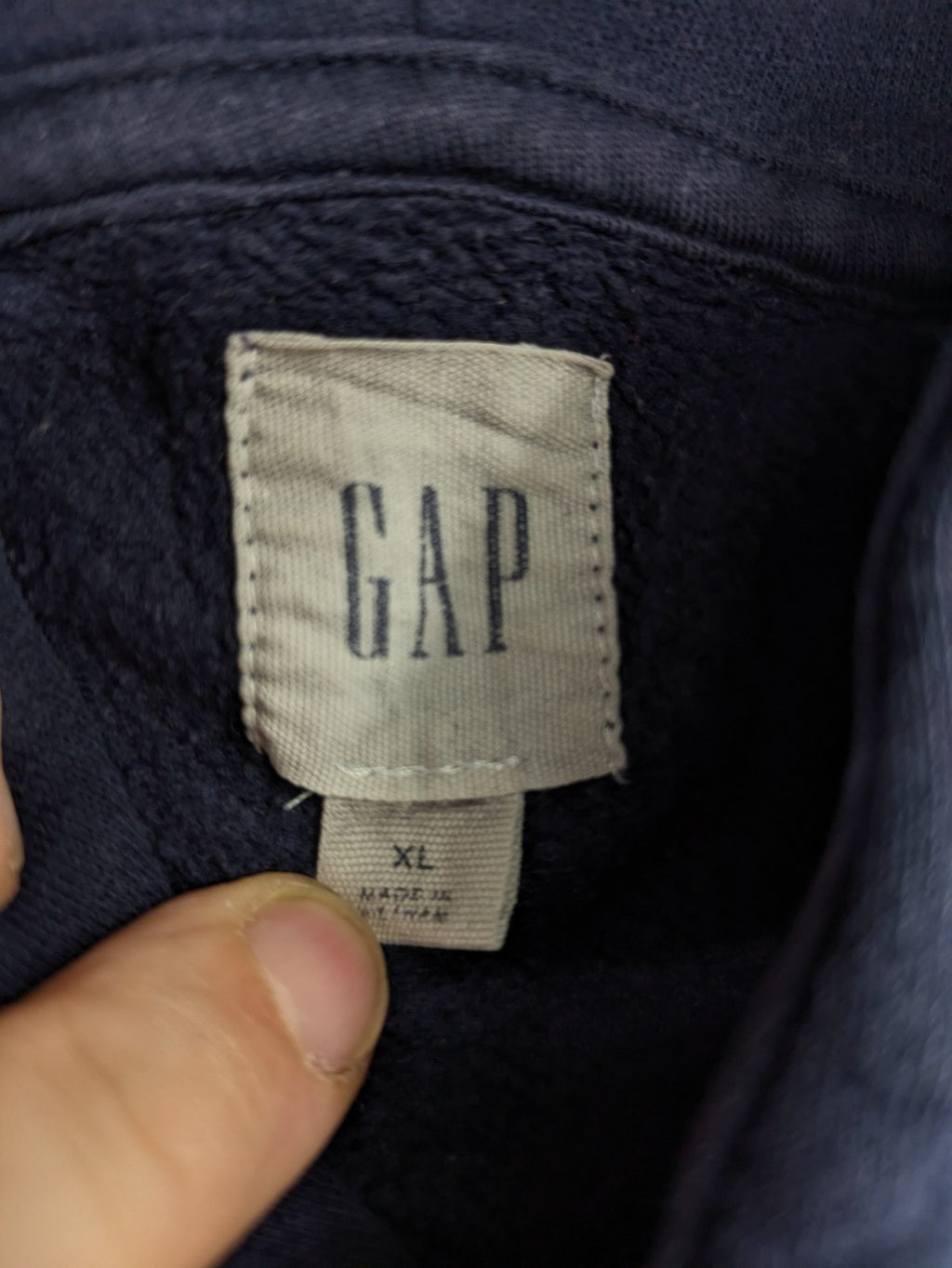 Gap zip-through hoodie navy blue with iconic logo and American flag graphic.