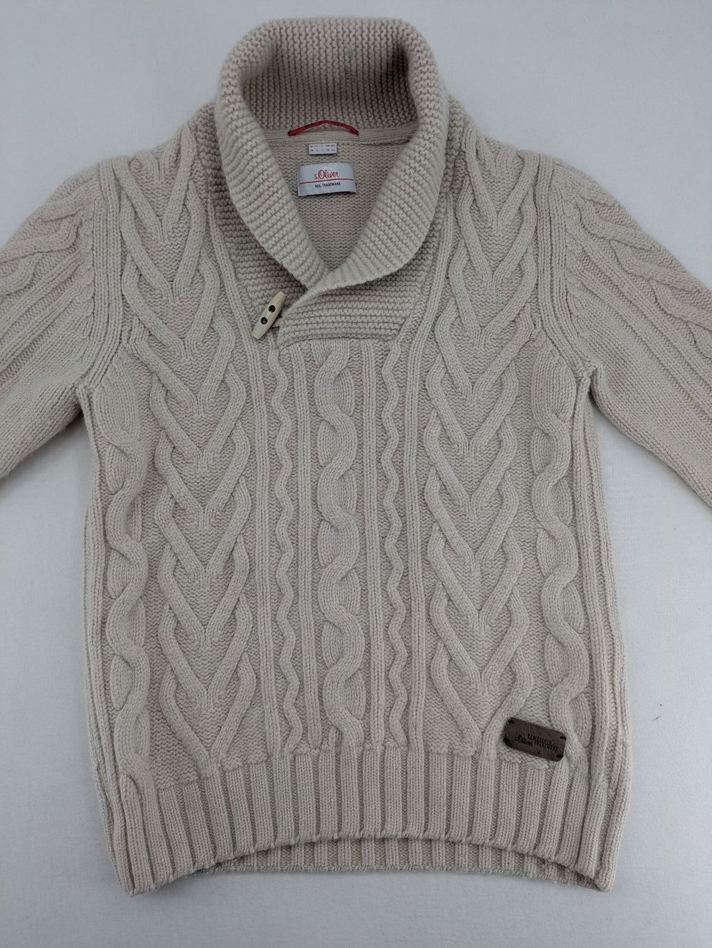 s.Oliver beige turtle neck jumper with cable knit pattern and toggle button detail