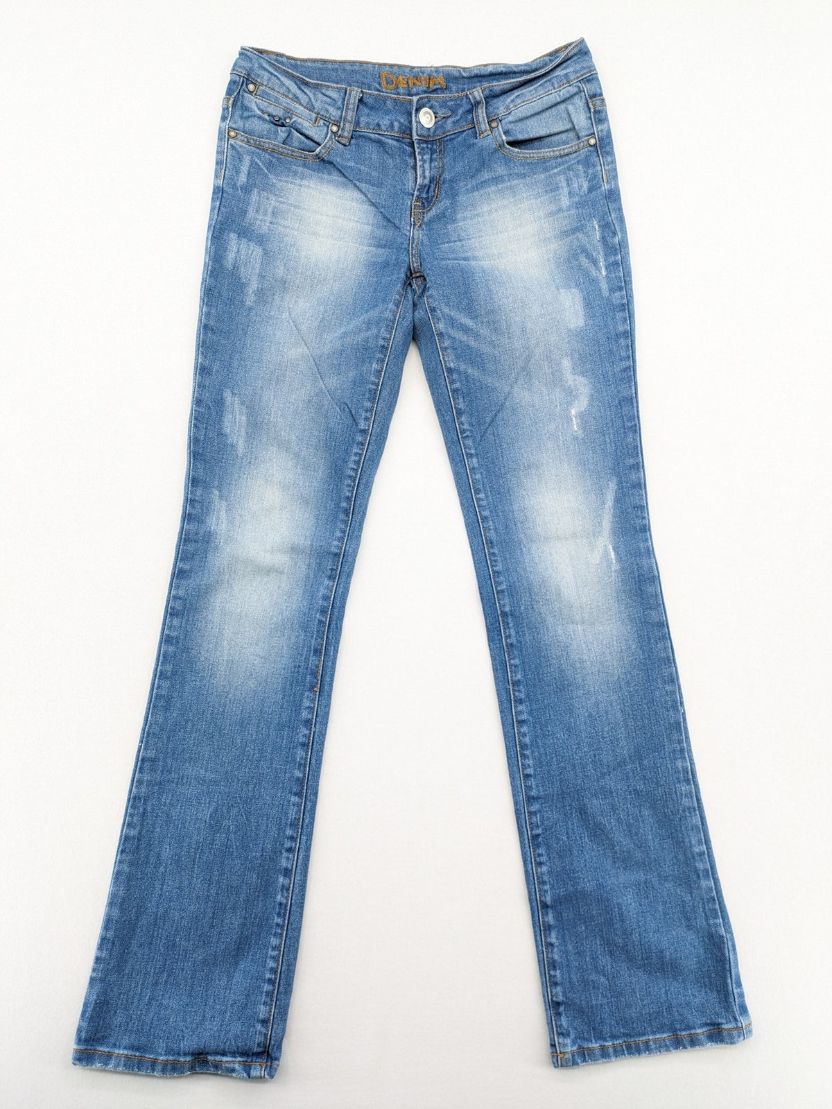 Denim blue straight jeans low rise bootcut with classic 5-pocket design and subtle rivets.