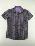 Clockhouse short-sleeve shirt grey purple striped with abstract black graphic pattern and purple collar.