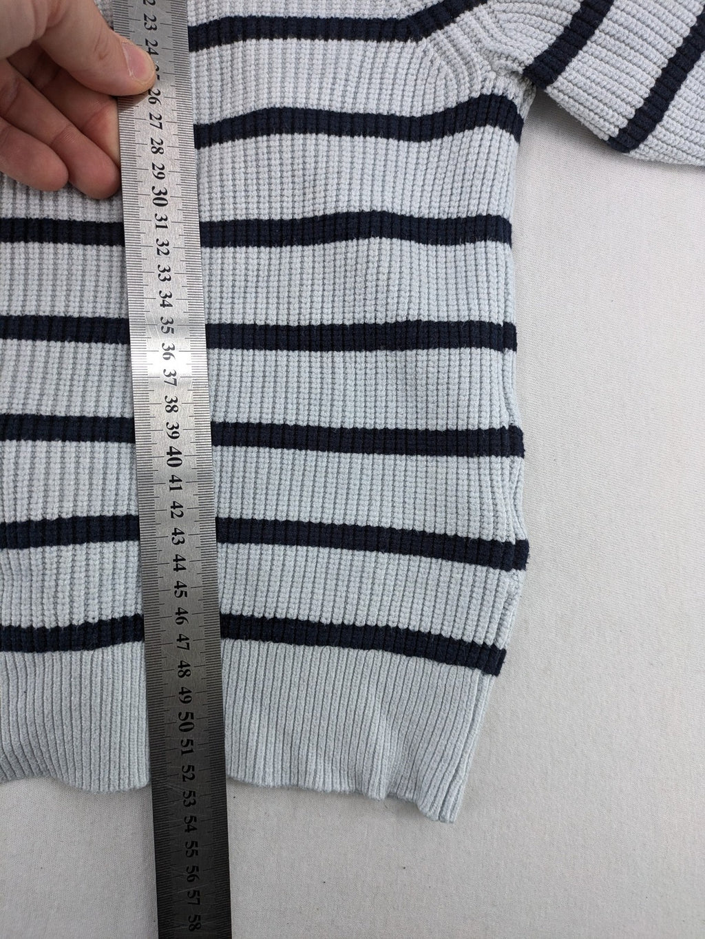 MNG blue striped turtle neck jumper with quarter zip and ribbed texture.