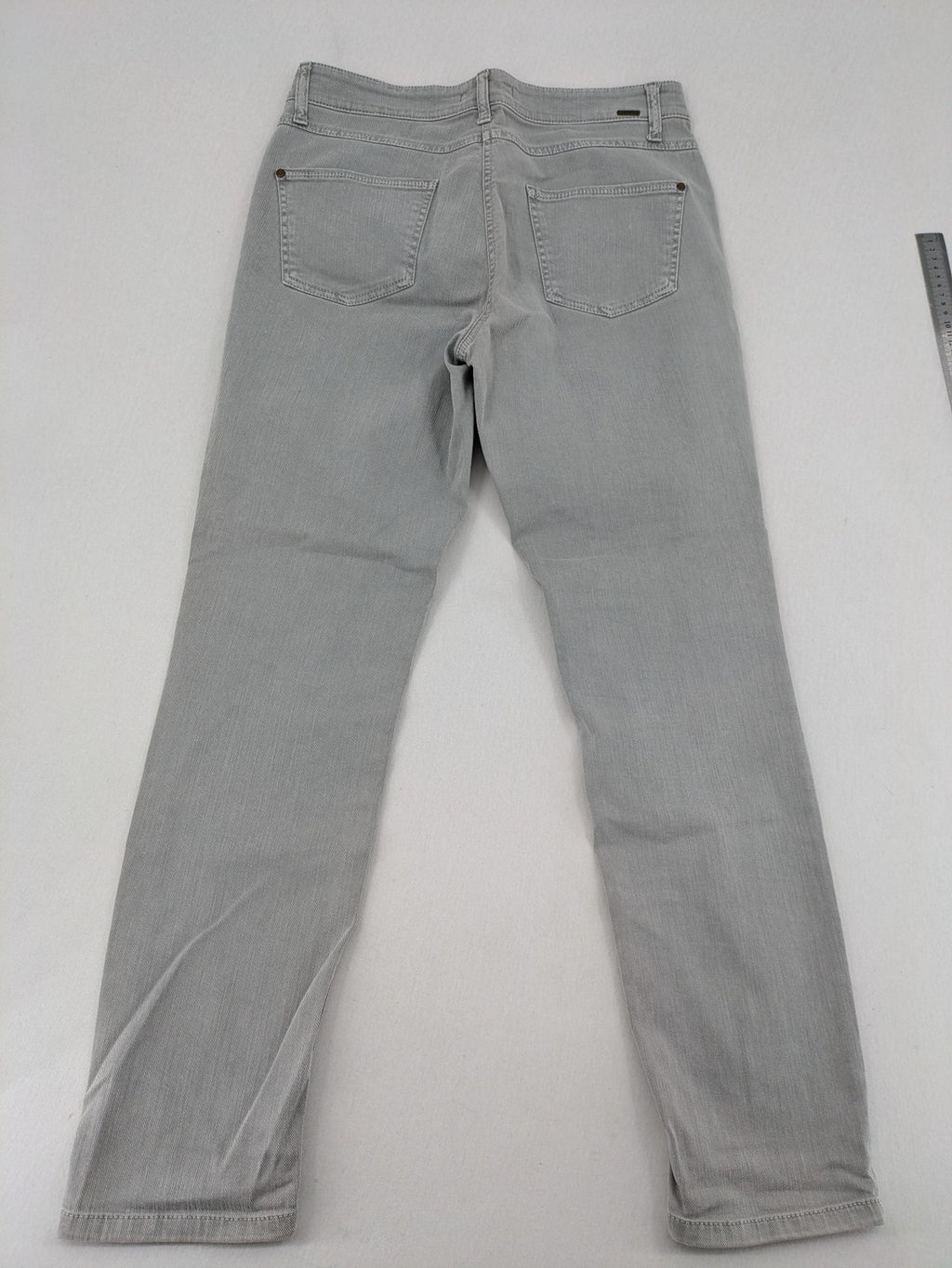 Cambio grey straight leg jeans with five-pocket design and logo button closure.
