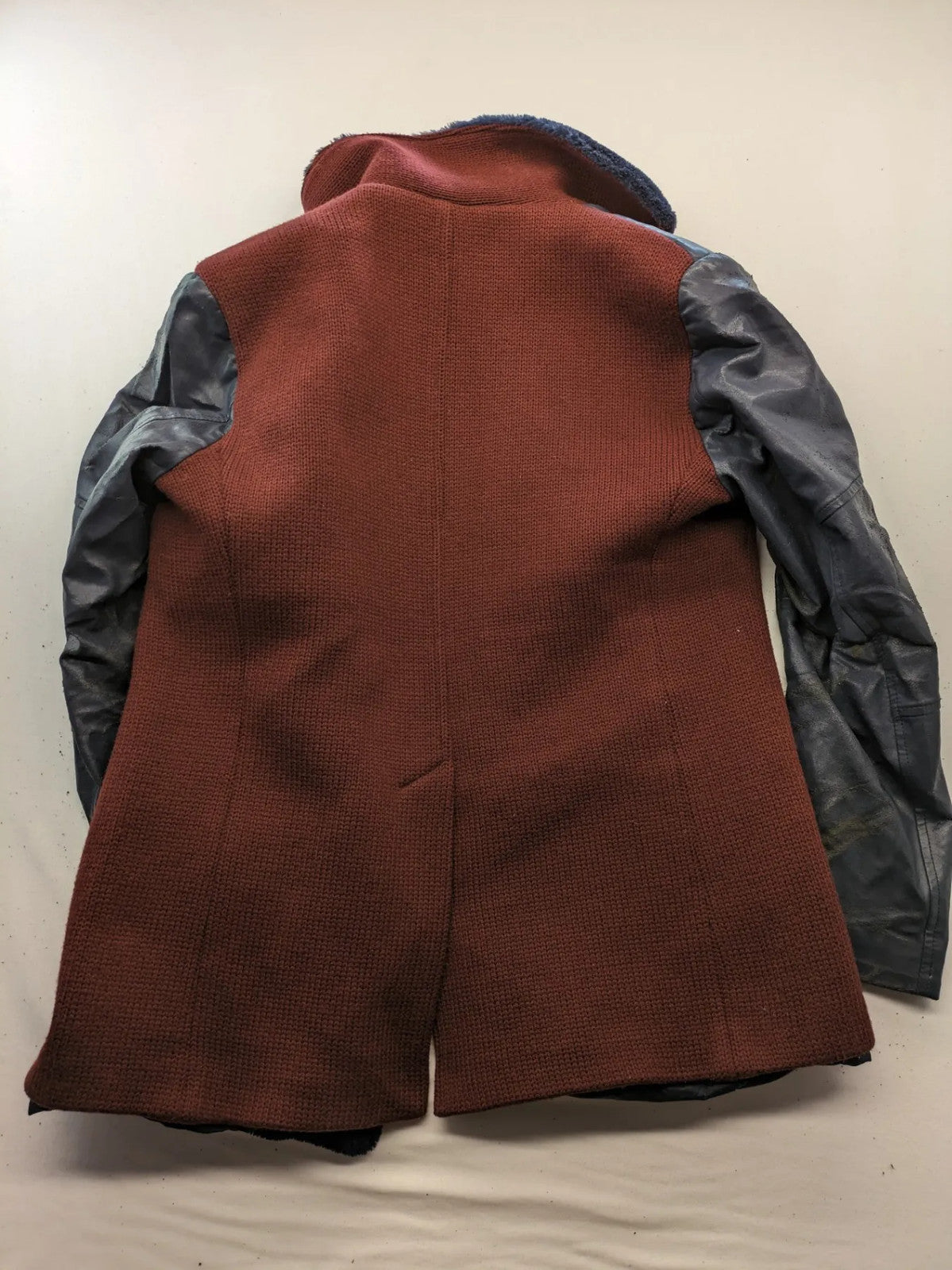 MCR peacoat burgundy grey navy wool blend with leather sleeves and Sherpa collar.