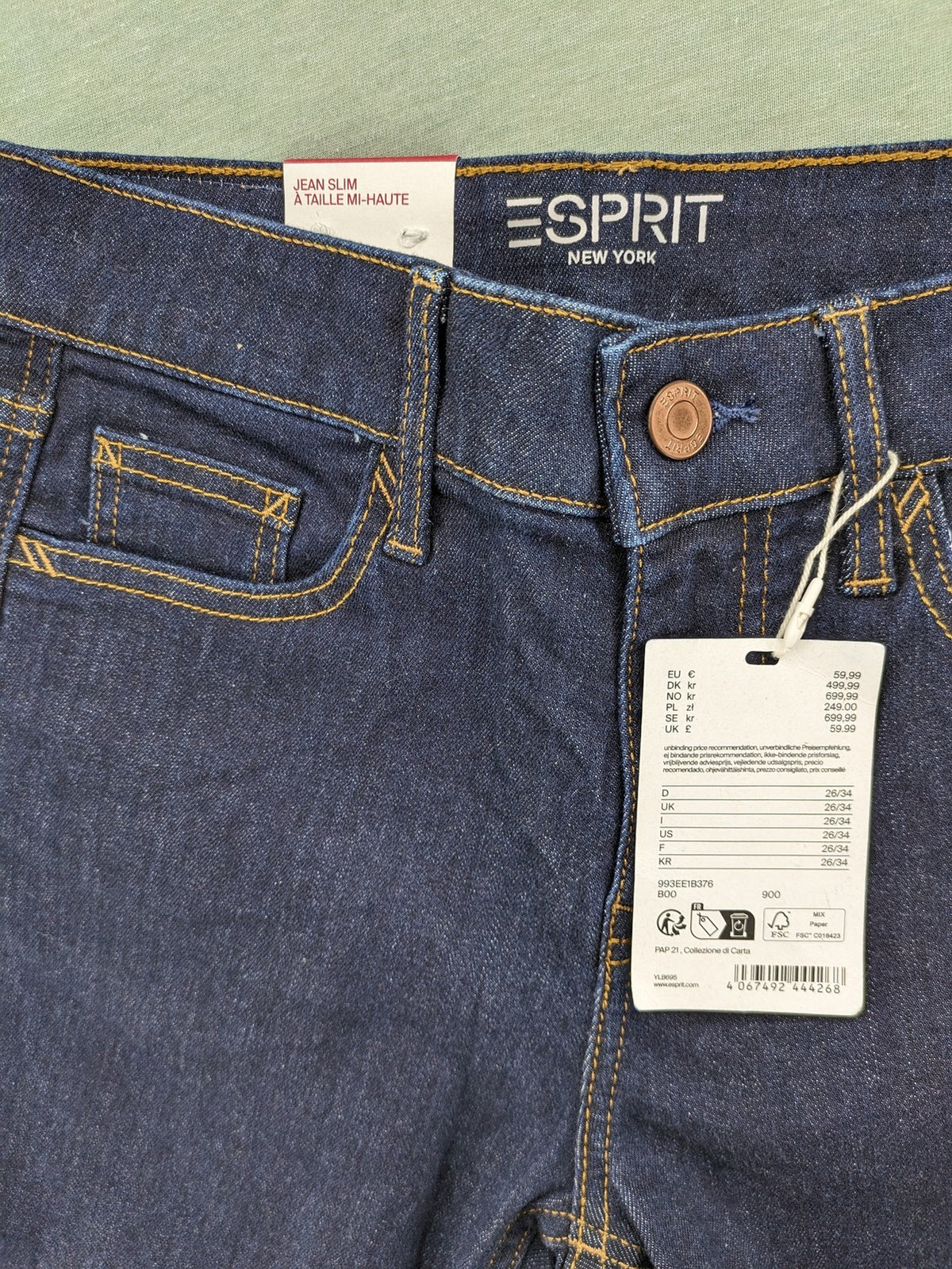 Esprit navy straight jeans with five-pocket style and yellow contrast stitching.