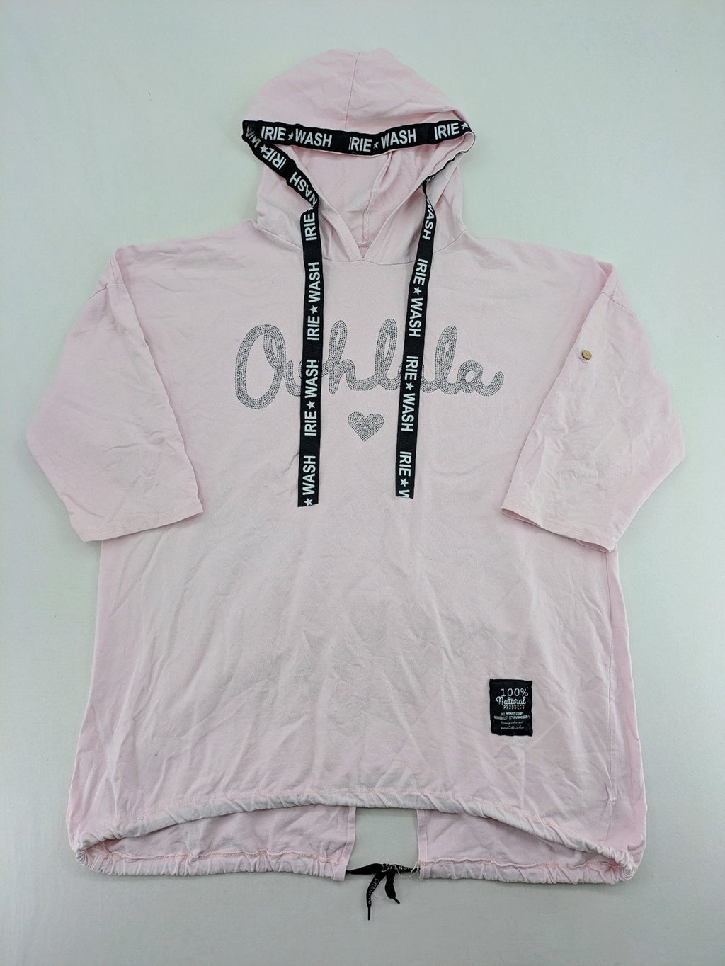 Irie pink turtle neck jumper with "Oohlala" rhinestone lettering and logo drawstrings.