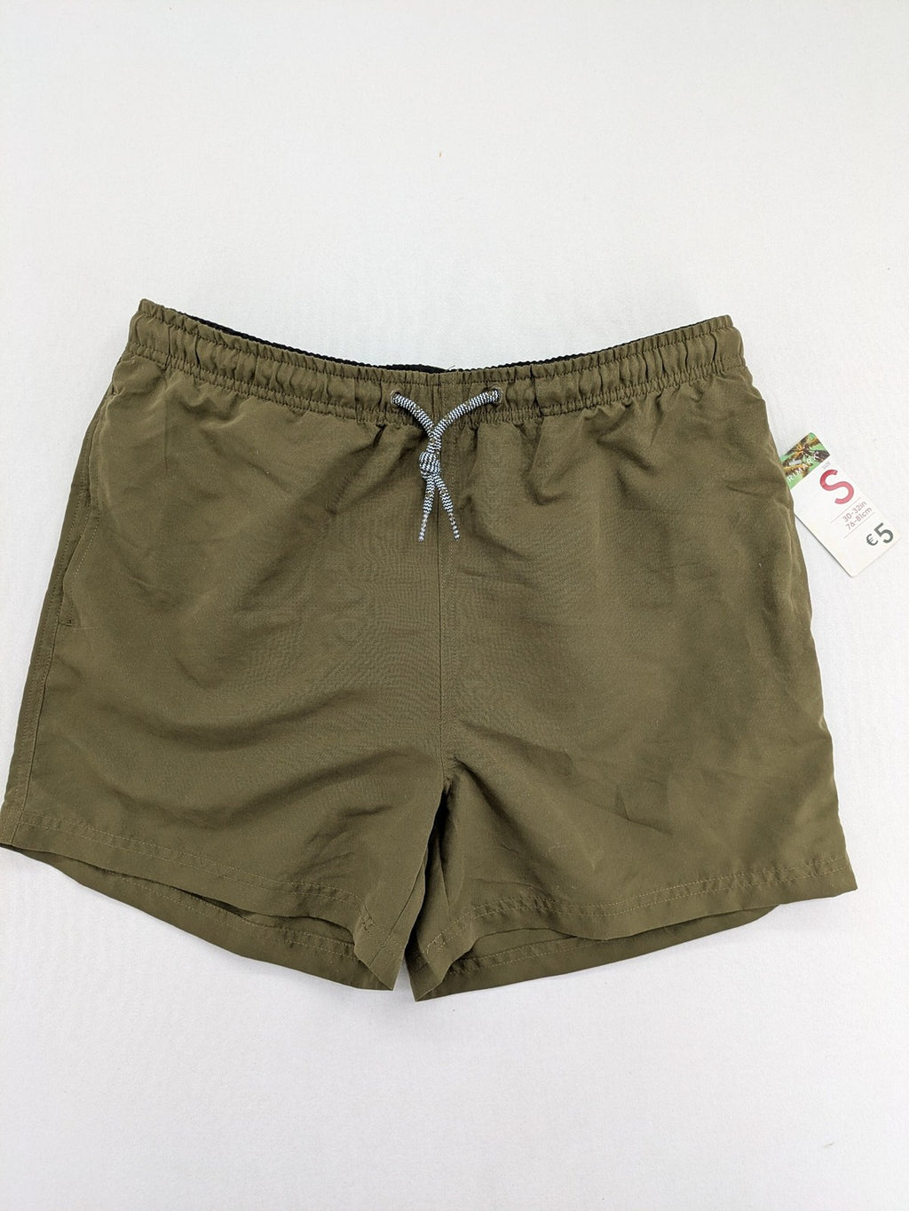 Primark khaki swim shorts size S with elastic waistband and back pocket.