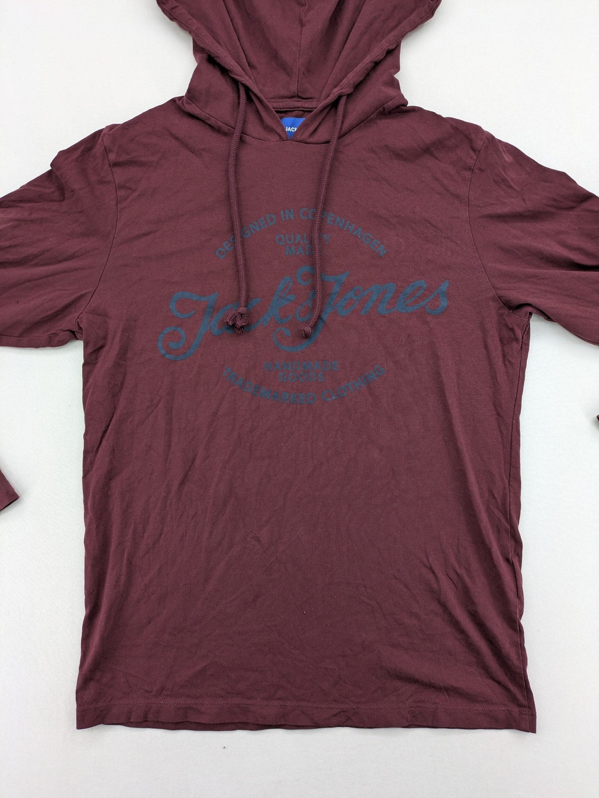 Jack & Jones Originals burgundy turtle neck jumper with large logo and adjustable hood.