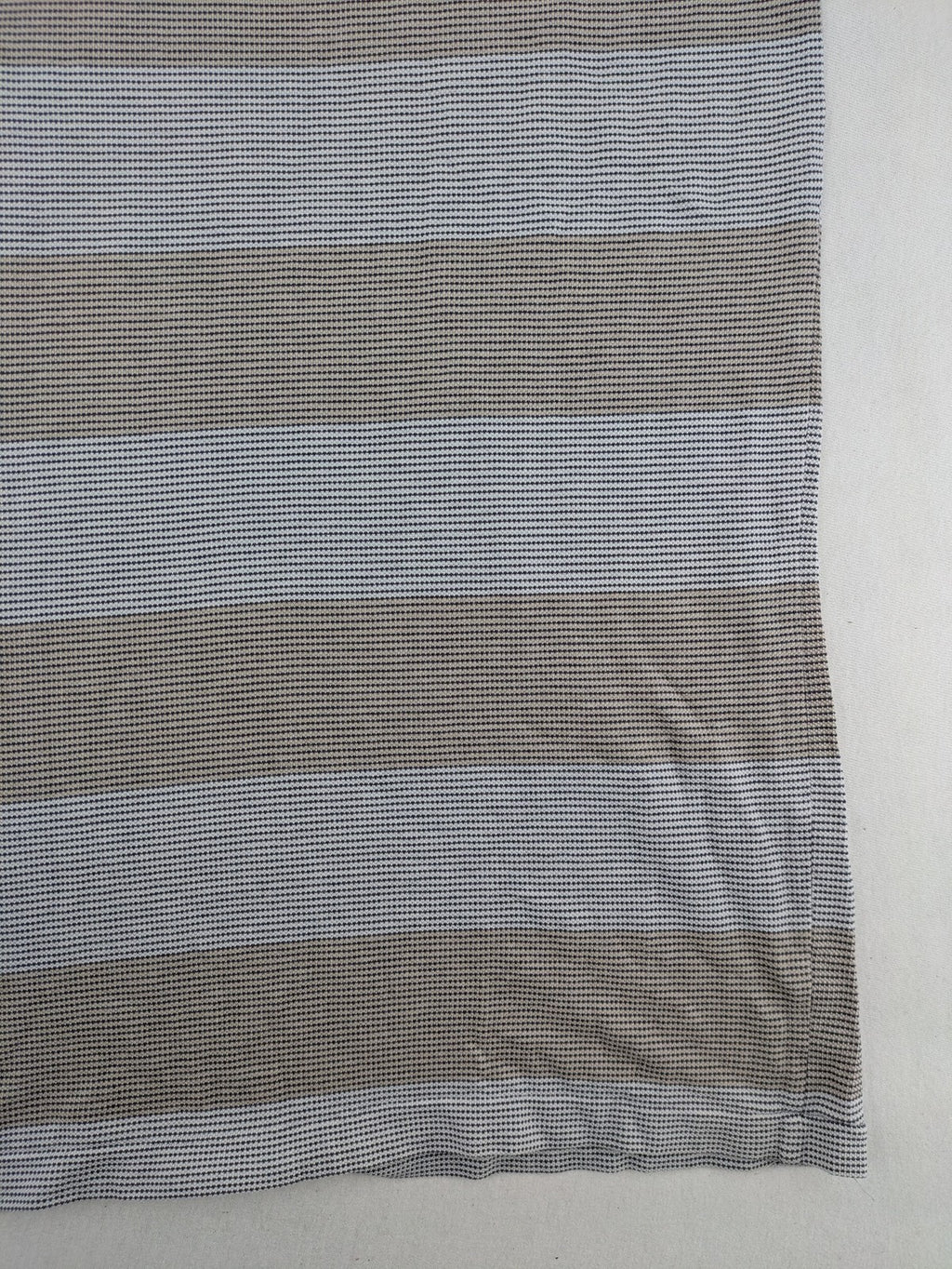 Mark Scot Collection grey and tan striped polo shirt with classic collar and logo.