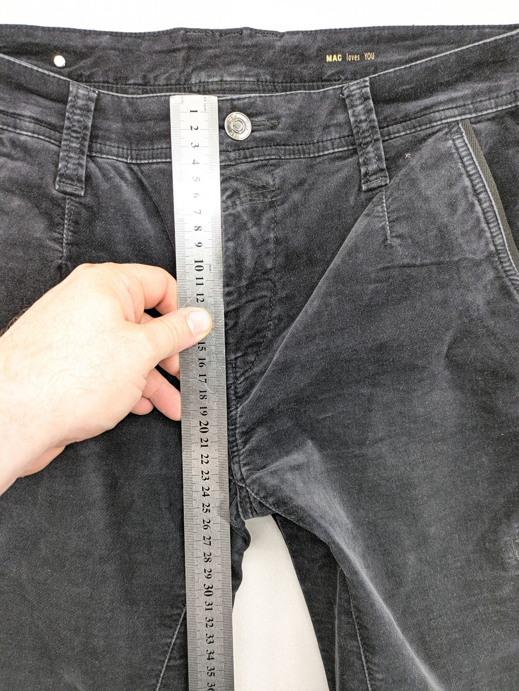 Mac Jeans grey cargo pants soft corduroy biker style with zipper details.