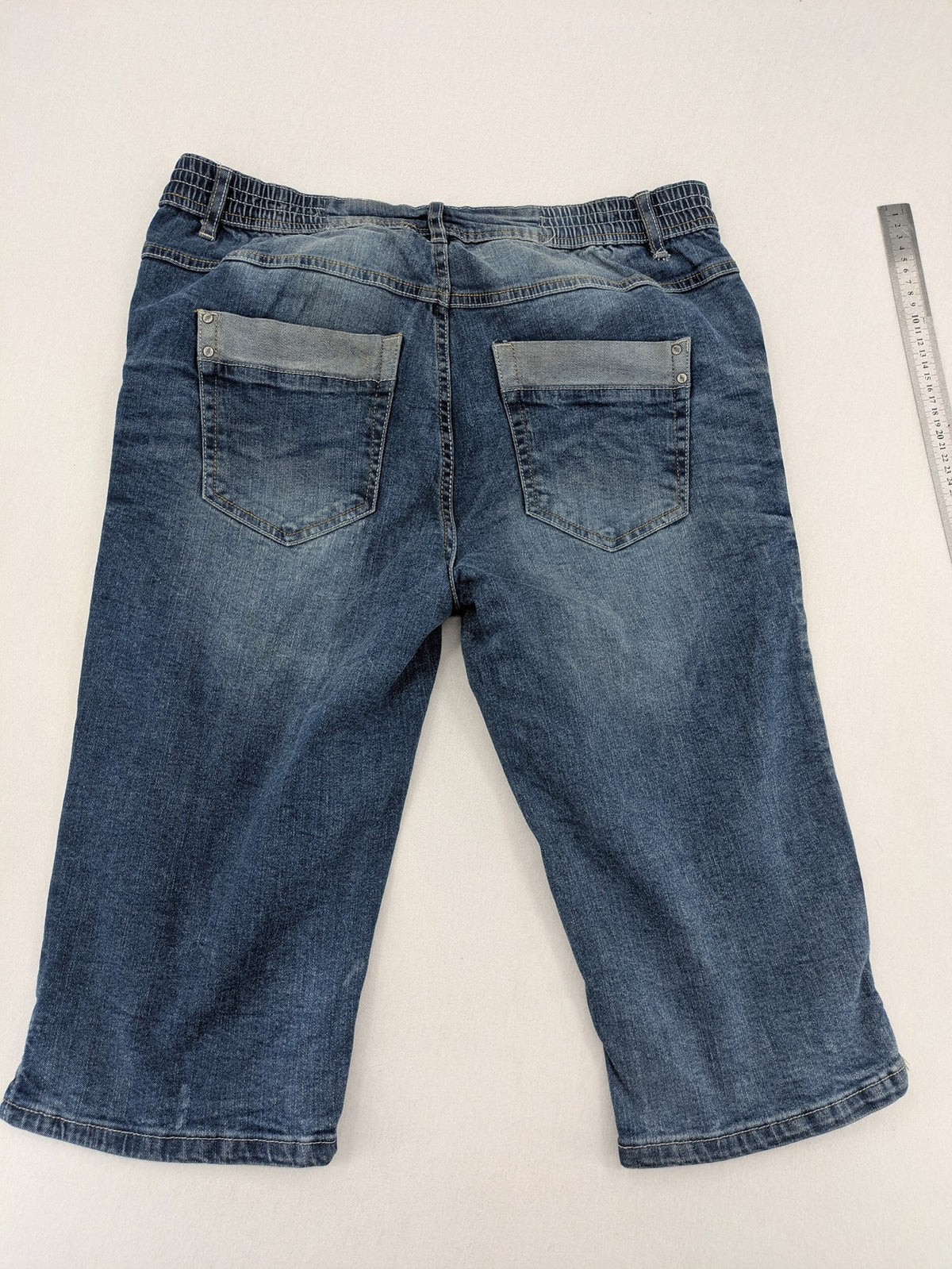 Up Fashion blue denim capri shorts, 5-pocket style, elastic waistband, soft cotton blend.