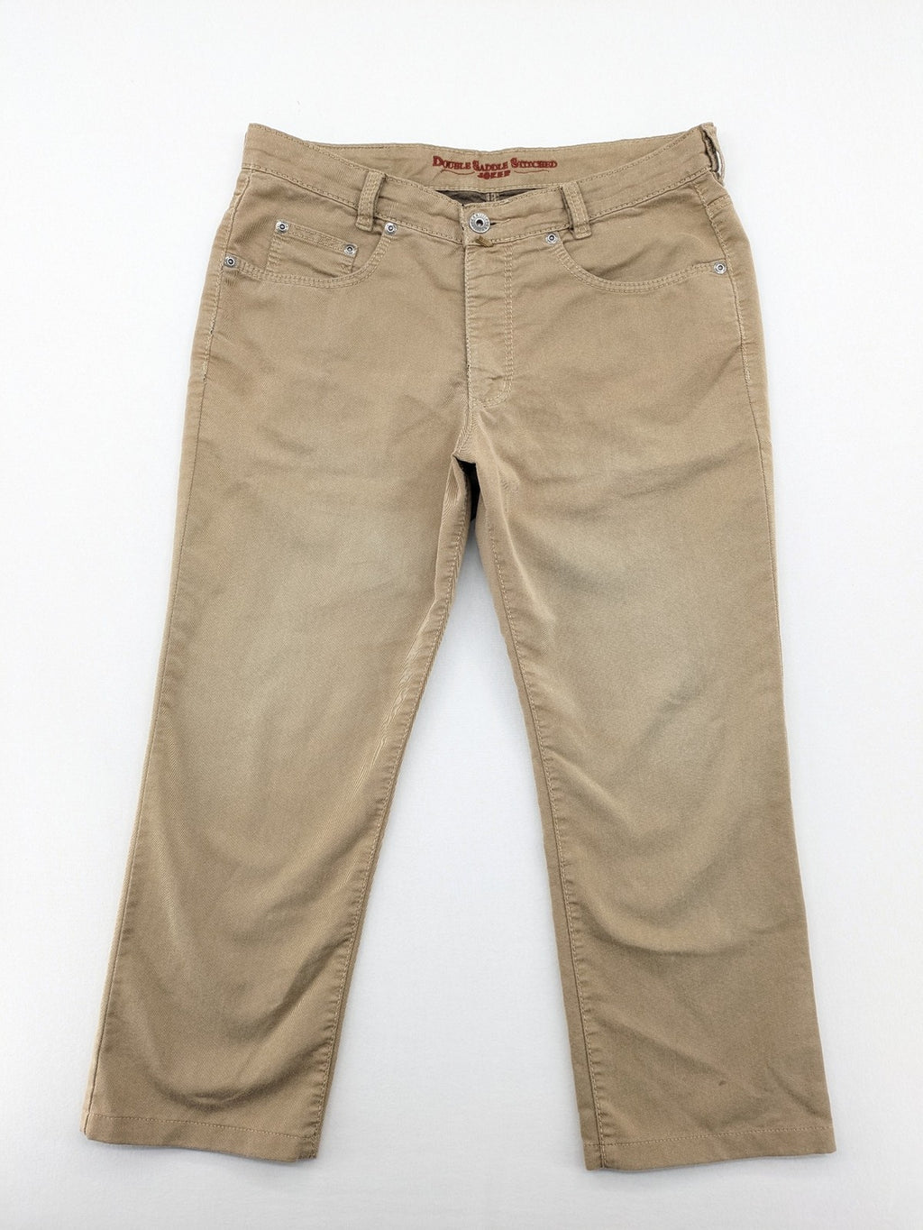Joker beige straight jeans with double saddle stitching and classic 5-pocket design.