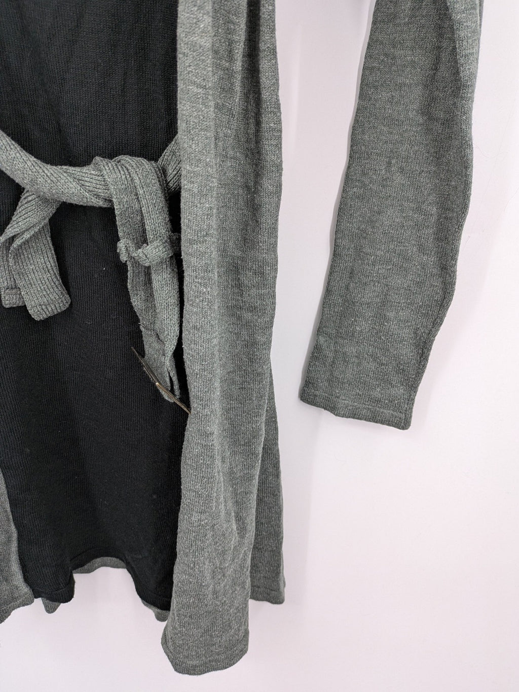 Bodyflirt grey cardigan with black top, open front, soft knit, waterfall collar.